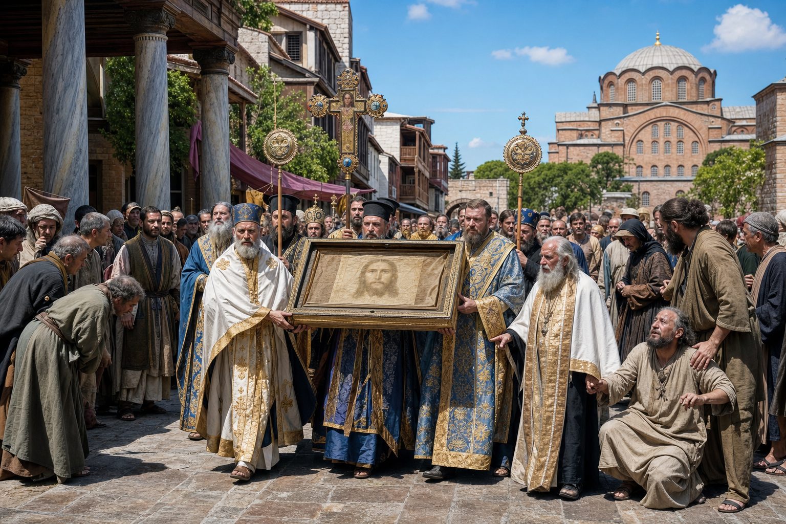 Gambar foto realistis, Pindahan dari Edessa ke Konstantinopel dari gambar buatan tangan Tuhan kita Yesus Kristus, kalender Ortodoks, 2026-08-29, relic_or_church_event